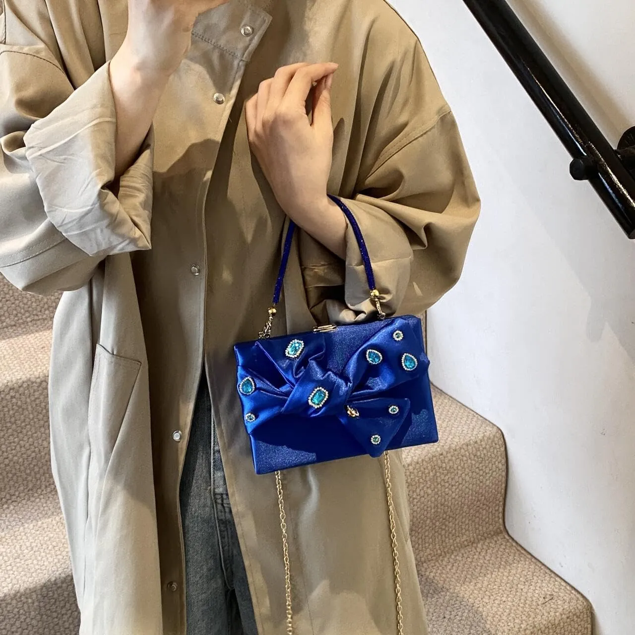 Women’s Satin Evening Bag Bow Handbag Purse Party Clutches Wedding Chain Shoulder Cross Body Bag