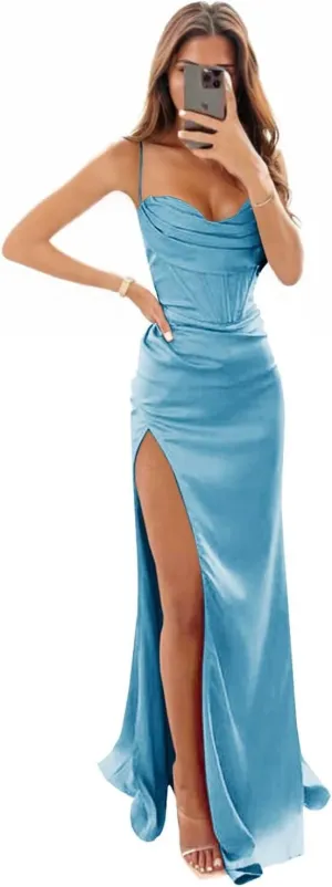 Women's Satin Mermaid Prom Dresses Long Halter Sweetheart Corset Formal Evening Party Gowns with Slit