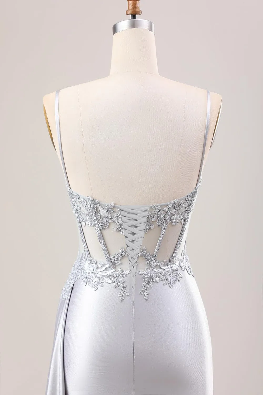 Women's Satin Prom Dresses Long Spaghetti Straps Lace Mermaid Applique Formal Evening Gowns with Slit