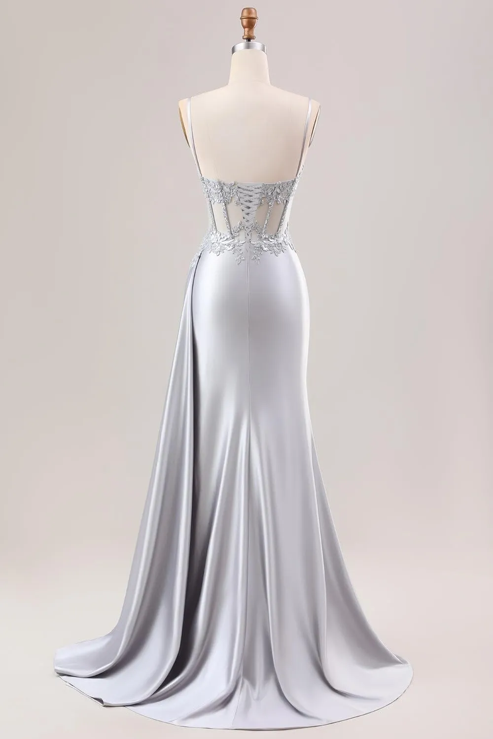 Women's Satin Prom Dresses Long Spaghetti Straps Lace Mermaid Applique Formal Evening Gowns with Slit