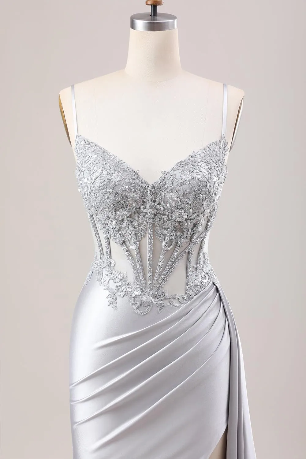 Women's Satin Prom Dresses Long Spaghetti Straps Lace Mermaid Applique Formal Evening Gowns with Slit