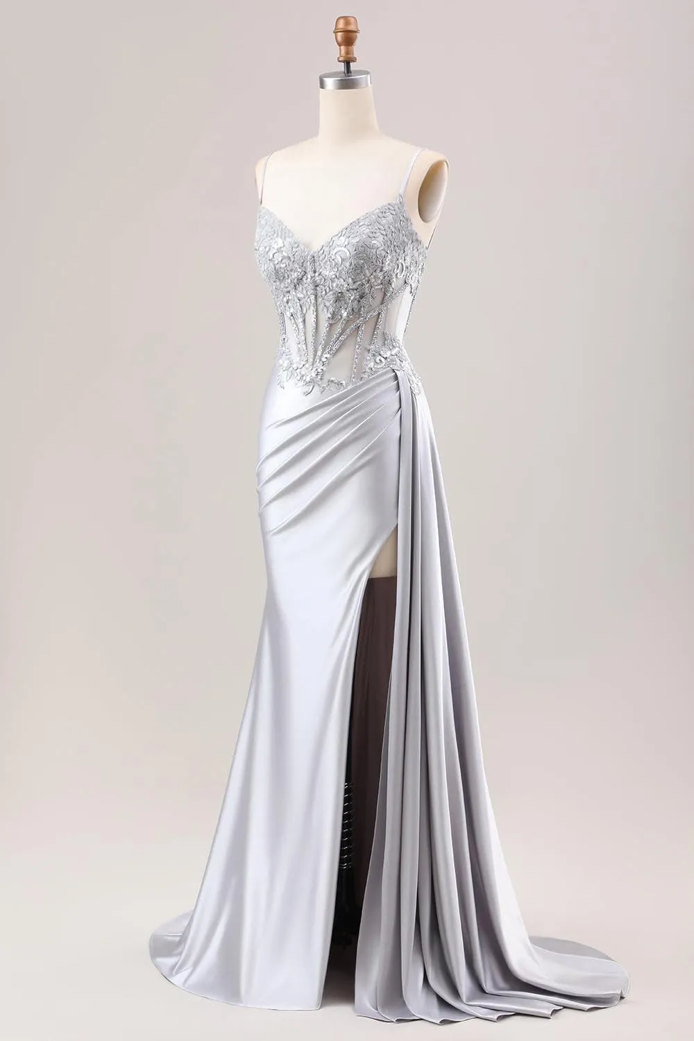 Women's Satin Prom Dresses Long Spaghetti Straps Lace Mermaid Applique Formal Evening Gowns with Slit