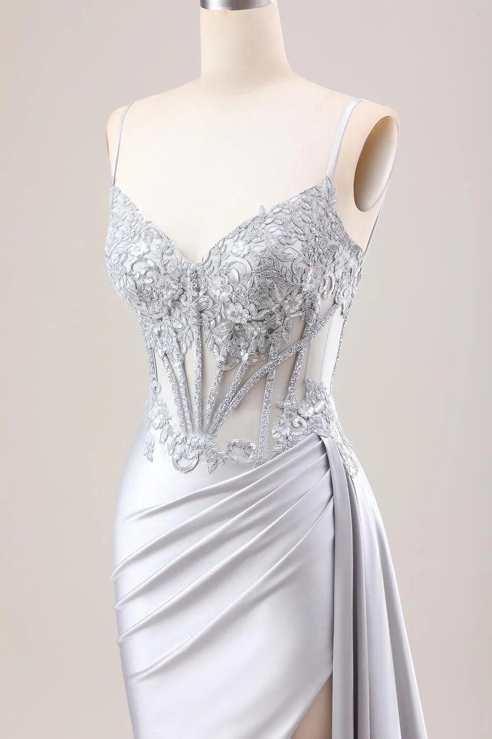Women's Satin Prom Dresses Long Spaghetti Straps Lace Mermaid Applique Formal Evening Gowns with Slit