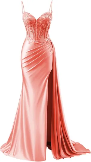 Women's Satin Prom Dresses Long Spaghetti Straps Lace Mermaid Applique Formal Evening Gowns with Slit