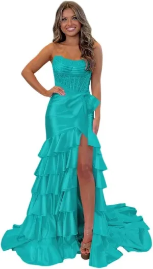 Womens Satin Sequin Tiered Strapless Prom Dress Long with Bow 2025 Mermaid Cowl Neck Formal Gowns with Slit