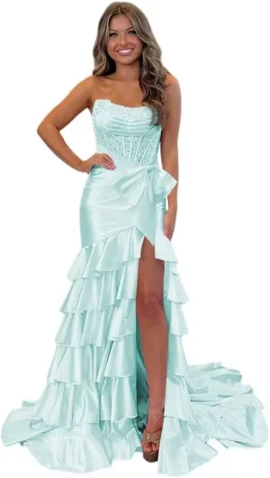 Womens Satin Sequin Tiered Strapless Prom Dress Long with Bow 2025 Mermaid Cowl Neck Formal Gowns with Slit