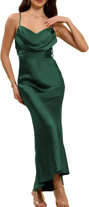 Women's Satin Spaghetti Strap Cowl Neck Backless Midi Wedding Guest Dress Ruched Sleeveless Tie Summer Dresses
