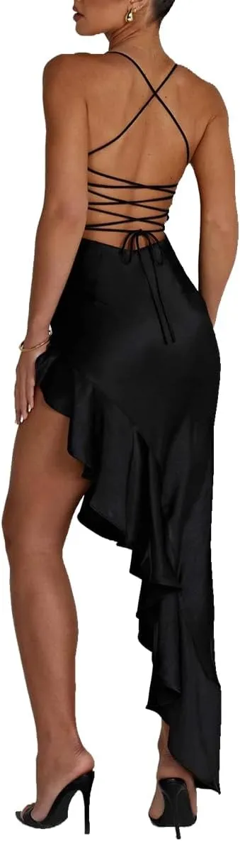 Women's Sexy Satin Spaghetti Strap V Neck Backless Side High Split Ruffle Hem Evening Party Cocktail Maxi Dress