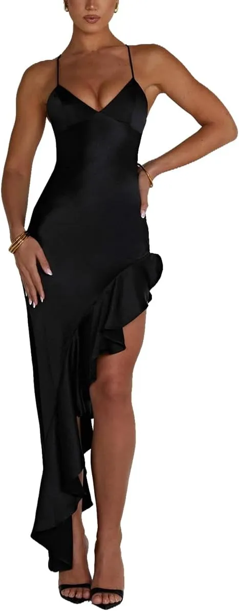 Women's Sexy Satin Spaghetti Strap V Neck Backless Side High Split Ruffle Hem Evening Party Cocktail Maxi Dress