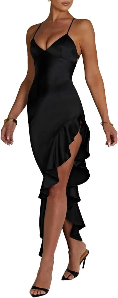 Women's Sexy Satin Spaghetti Strap V Neck Backless Side High Split Ruffle Hem Evening Party Cocktail Maxi Dress