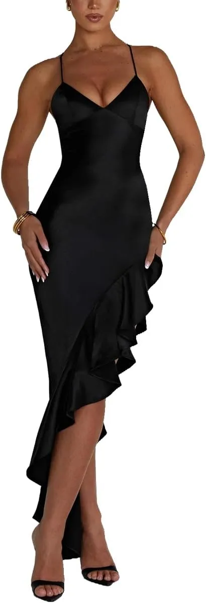 Women's Sexy Satin Spaghetti Strap V Neck Backless Side High Split Ruffle Hem Evening Party Cocktail Maxi Dress