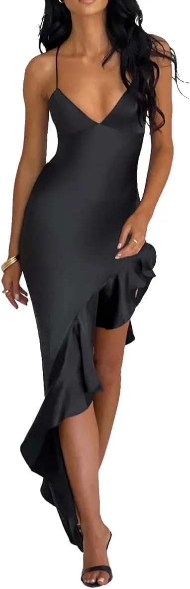 Women's Sexy Satin Spaghetti Strap V Neck Backless Side High Split Ruffle Hem Evening Party Cocktail Maxi Dress