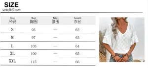 Women's Short-Sleeved T-Shirt with V-Neck Embroidered lacy and Scalloped Sleeves