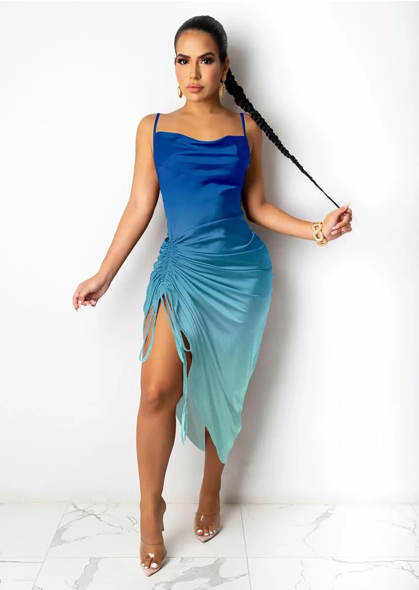 Women's Spaghetti Strap Satin Dress Sexy Backless Drawstring Ruched Split Hem Cocktail Evening Party