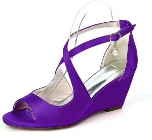Women's Wedding Shoes Peep Toe 2.5 Inches Wedge Heel Lace Satin Bridal Shoes Sandals,Dark Purple,8