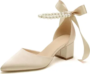 Women's White Wedding Shoes Block Heel Pearls Pointed Toe Chunky Bridal Pumps Prom Evening Shoes Sandals