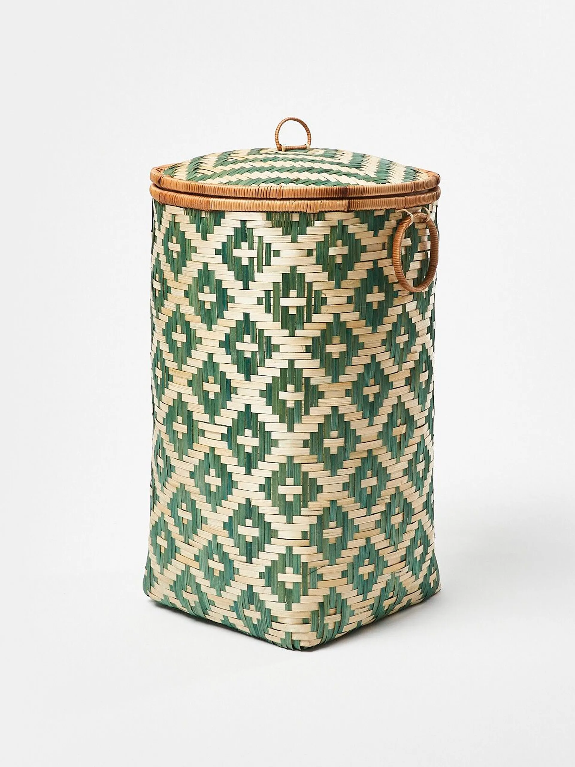 Woven green bamboo laundry basket