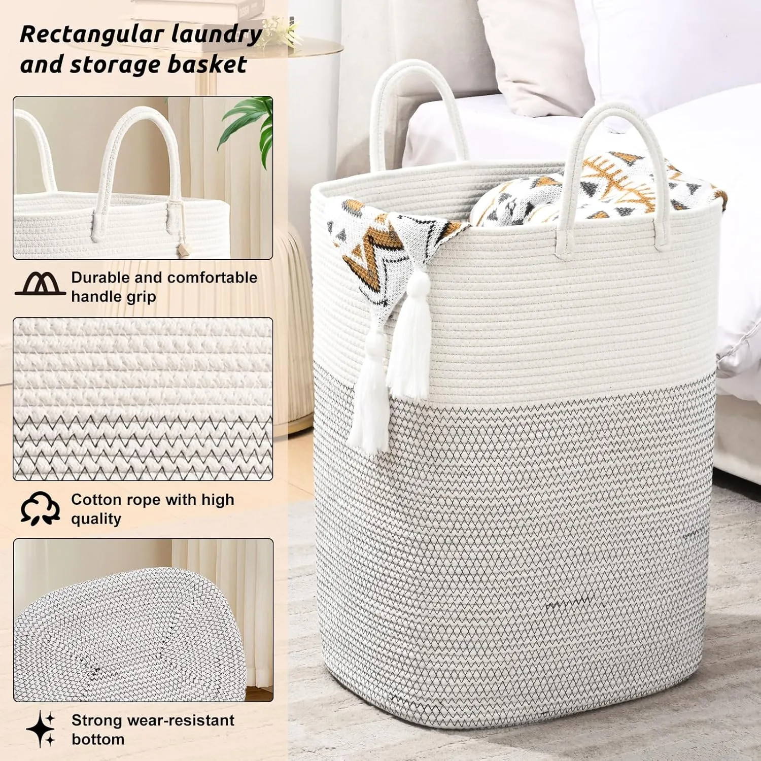 Woven Laundry Basket for Clothes, 65L Large Rectangle Laundry Hampers, Nursery Storage Basket for Toys, Tall Dirty Clothes Hamper for Bedroom Aesthetic, Bathroom, Laundry Room