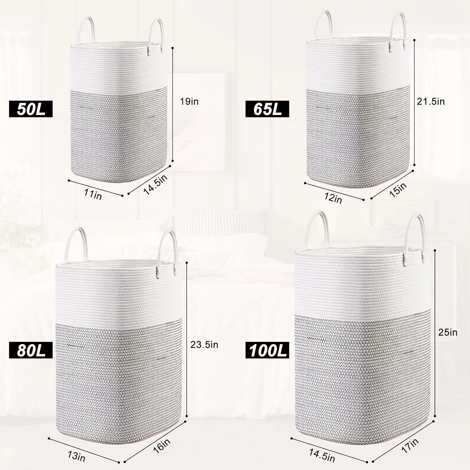 Woven Laundry Basket for Clothes, 65L Large Rectangle Laundry Hampers, Nursery Storage Basket for Toys, Tall Dirty Clothes Hamper for Bedroom Aesthetic, Bathroom, Laundry Room