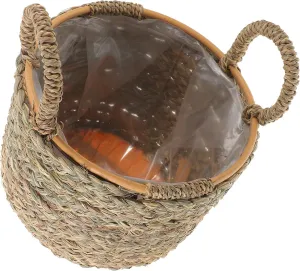 Woven Storage Basket for Plants Decorative Flower Basket with Handle and Plastic Lining Multi Functional Straw Plant Pot for Home Decor and Organization