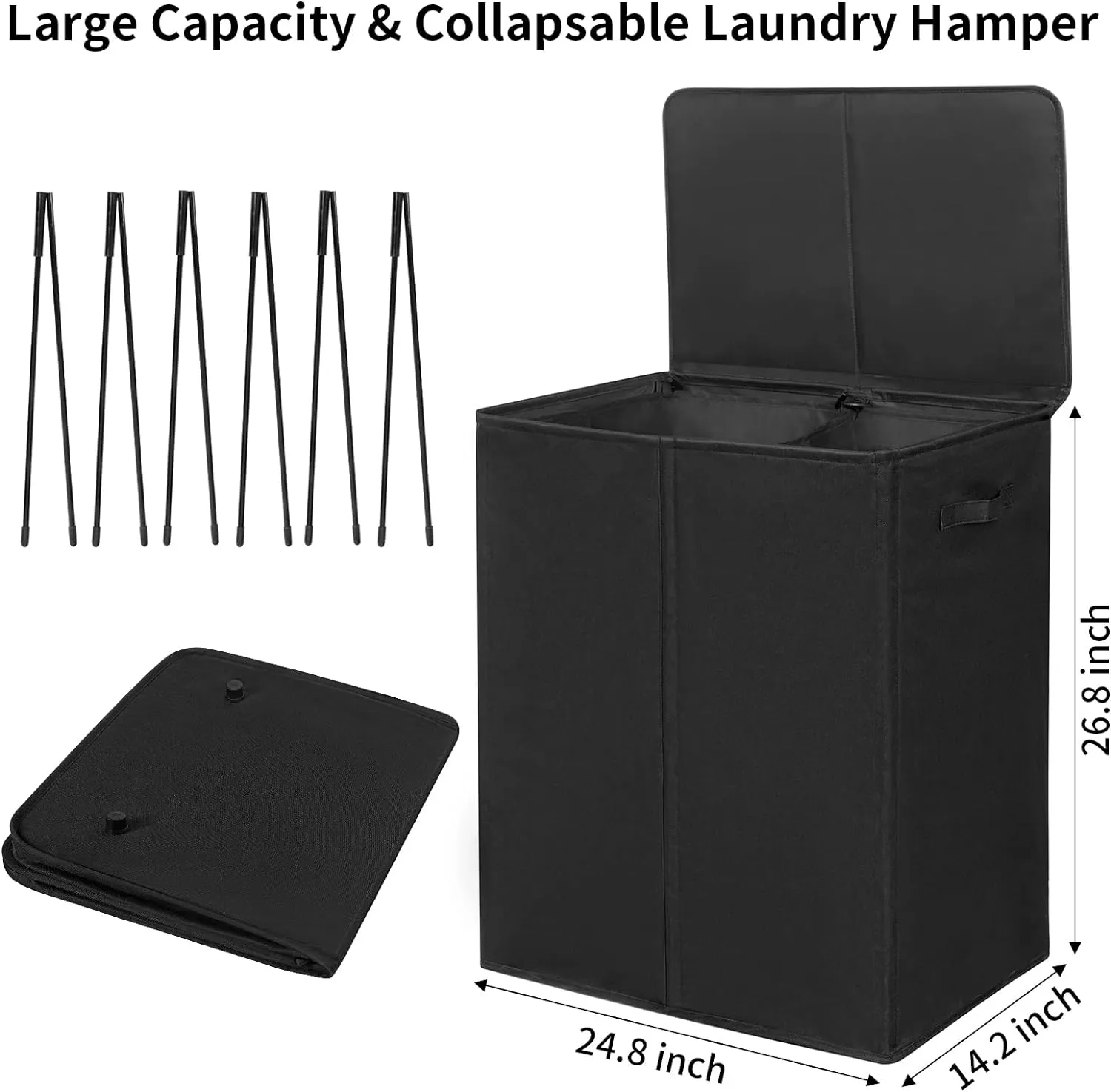 WOWLIVE 154L Double Laundry Hamper with Lid and Removable Laundry Bags, Large Dirty Clothes Hamper 2 section Collapsible Laundry Basket Dorm Room Storage for Bedroom, Bathroom, College, Black