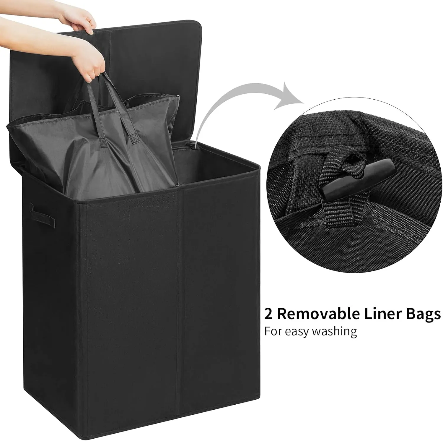 WOWLIVE 154L Double Laundry Hamper with Lid and Removable Laundry Bags, Large Dirty Clothes Hamper 2 section Collapsible Laundry Basket Dorm Room Storage for Bedroom, Bathroom, College, Black
