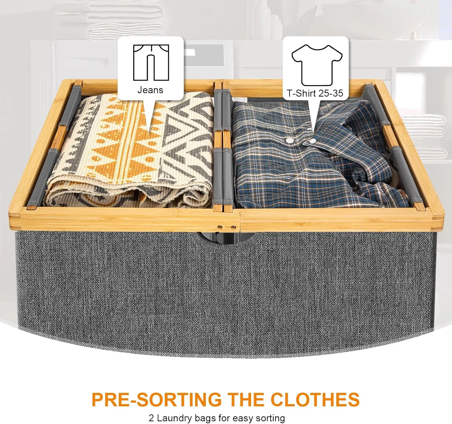 WOWLIVE 165L Double Compartment Laundry Hamper with Lid, Bamboo & Polyester, Dark Gray, Modern Style, Portable Inner Bags, Sturdy Lid