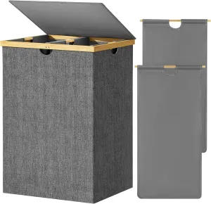 WOWLIVE 165L Double Compartment Laundry Hamper with Lid, Bamboo & Polyester, Dark Gray, Modern Style, Portable Inner Bags, Sturdy Lid