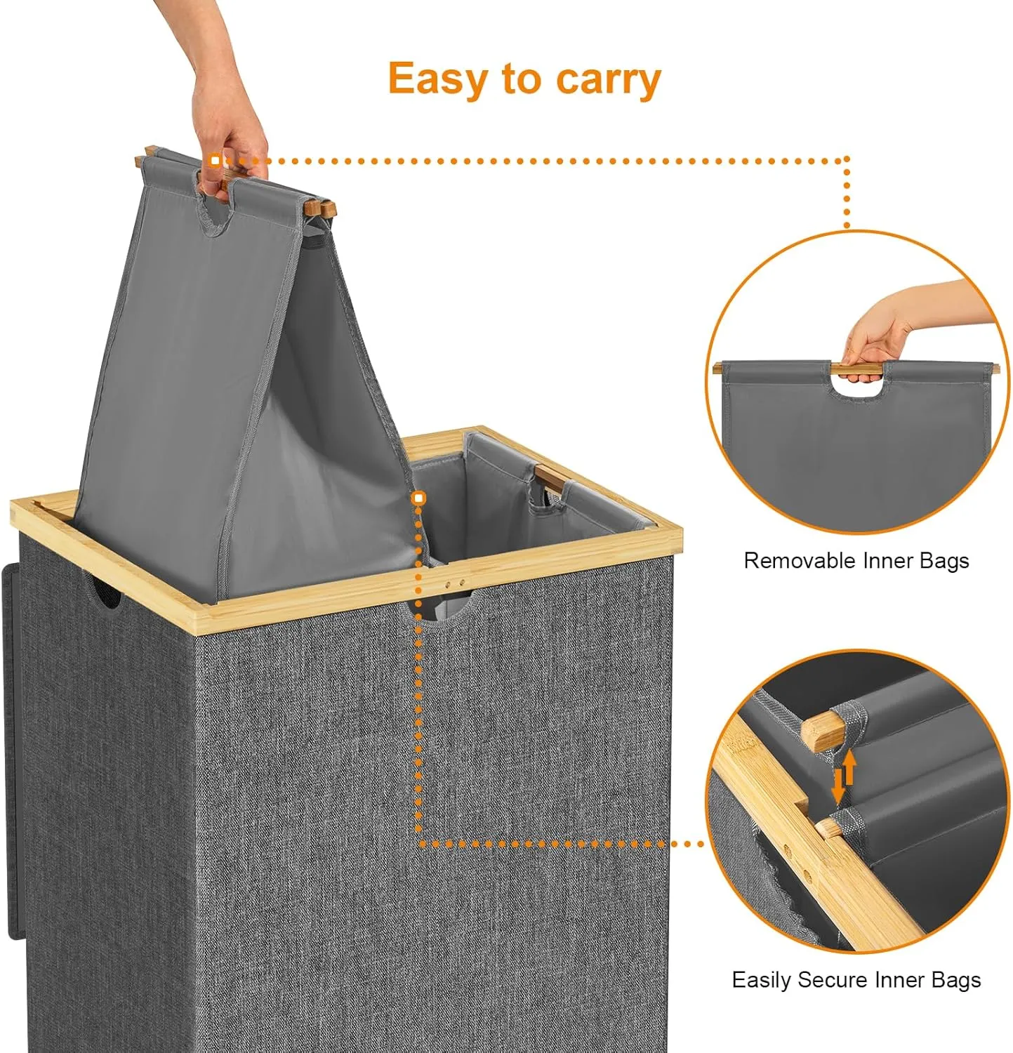 WOWLIVE 165L Double Compartment Laundry Hamper with Lid, Bamboo & Polyester, Dark Gray, Modern Style, Portable Inner Bags, Sturdy Lid