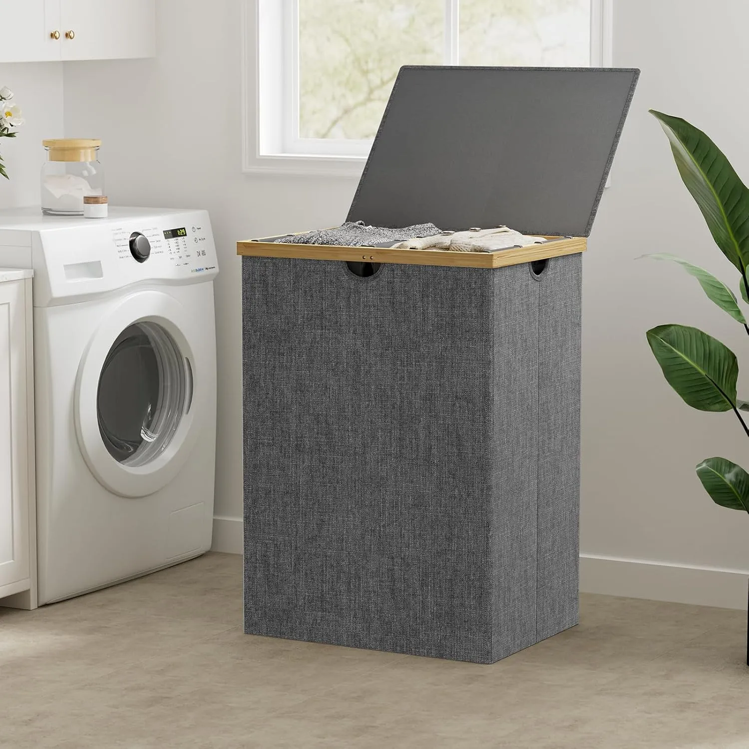 WOWLIVE 165L Double Compartment Laundry Hamper with Lid, Bamboo & Polyester, Dark Gray, Modern Style, Portable Inner Bags, Sturdy Lid