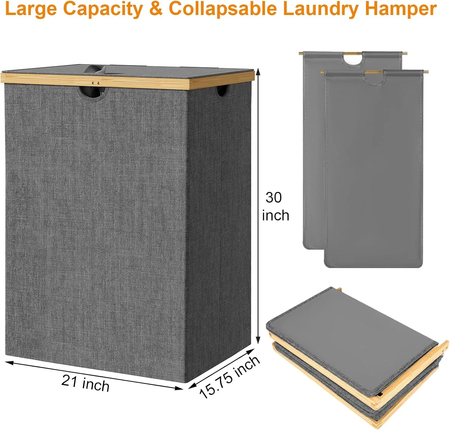 WOWLIVE 165L Double Compartment Laundry Hamper with Lid, Bamboo & Polyester, Dark Gray, Modern Style, Portable Inner Bags, Sturdy Lid