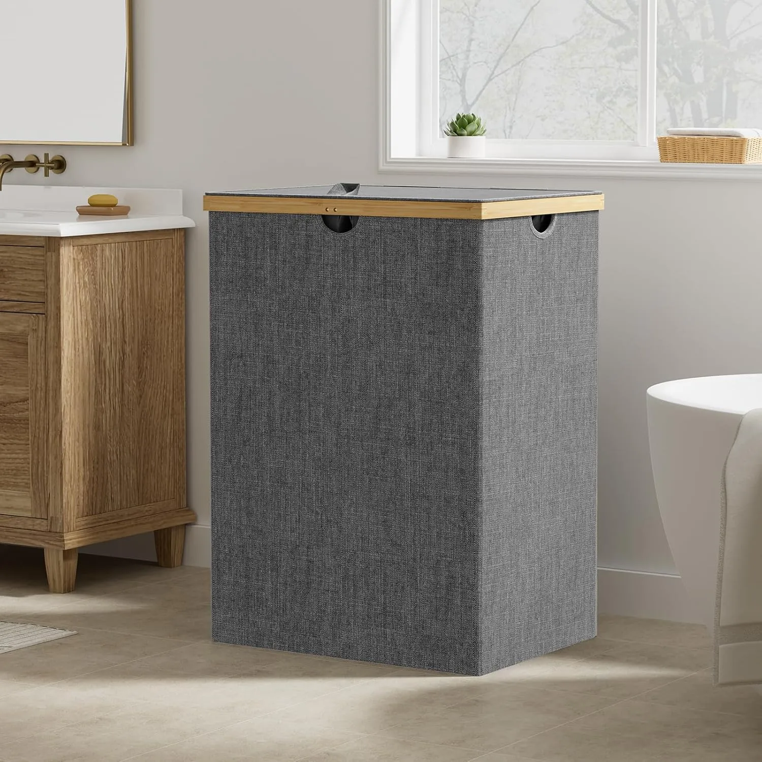 WOWLIVE 165L Double Compartment Laundry Hamper with Lid, Bamboo & Polyester, Dark Gray, Modern Style, Portable Inner Bags, Sturdy Lid