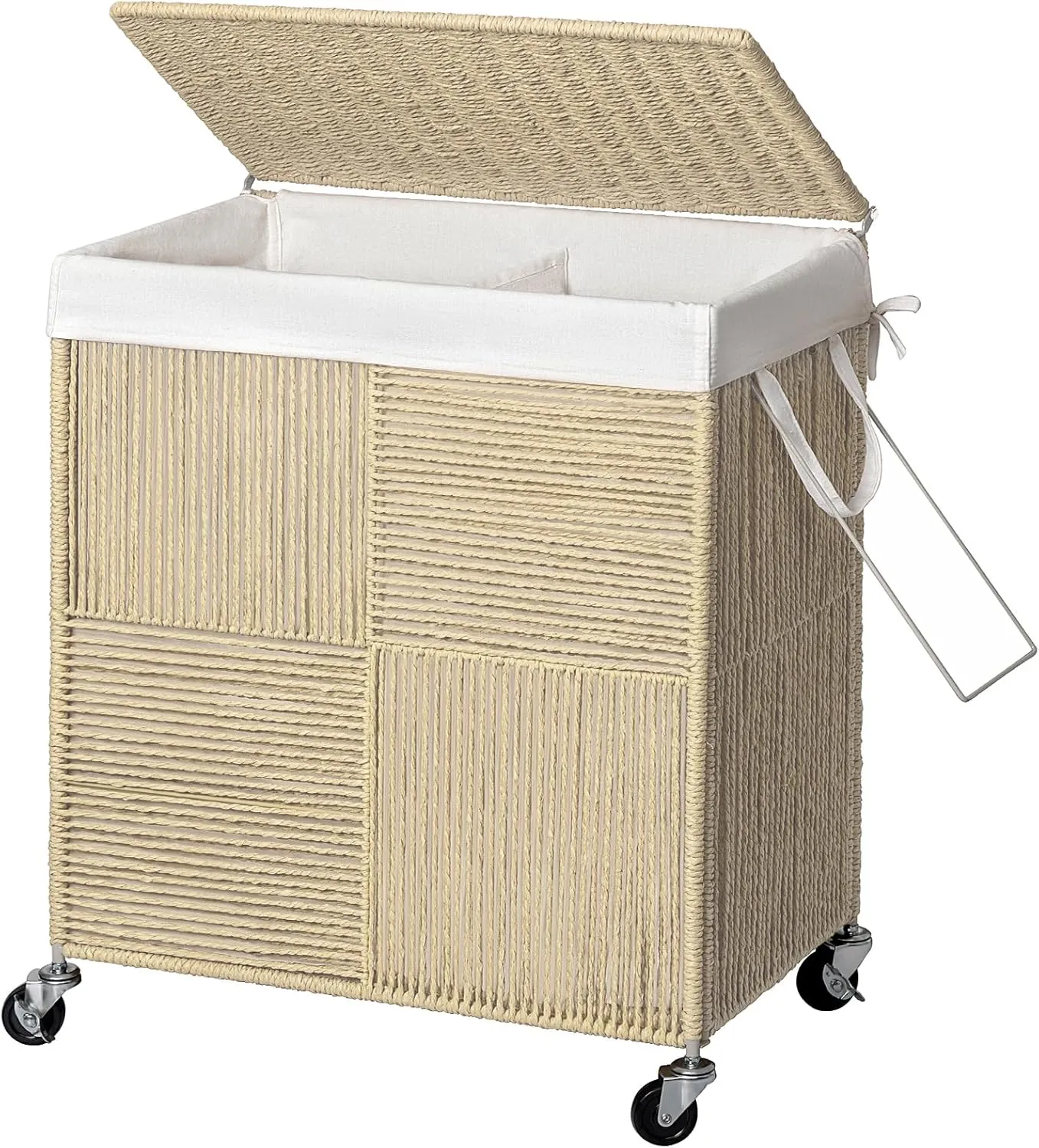 WOWLIVE Double Laundry Hamper with Lid, Handwoven Rolling Laundry Basket with Wheels, 115L Dirty Clothes Hamper with Removable Liner Bag Large Laundry Sorter Laundry Room Organization,Light Beige