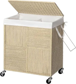 WOWLIVE Double Laundry Hamper with Lid, Handwoven Rolling Laundry Basket with Wheels, 115L Dirty Clothes Hamper with Removable Liner Bag Large Laundry Sorter Laundry Room Organization,Light Beige