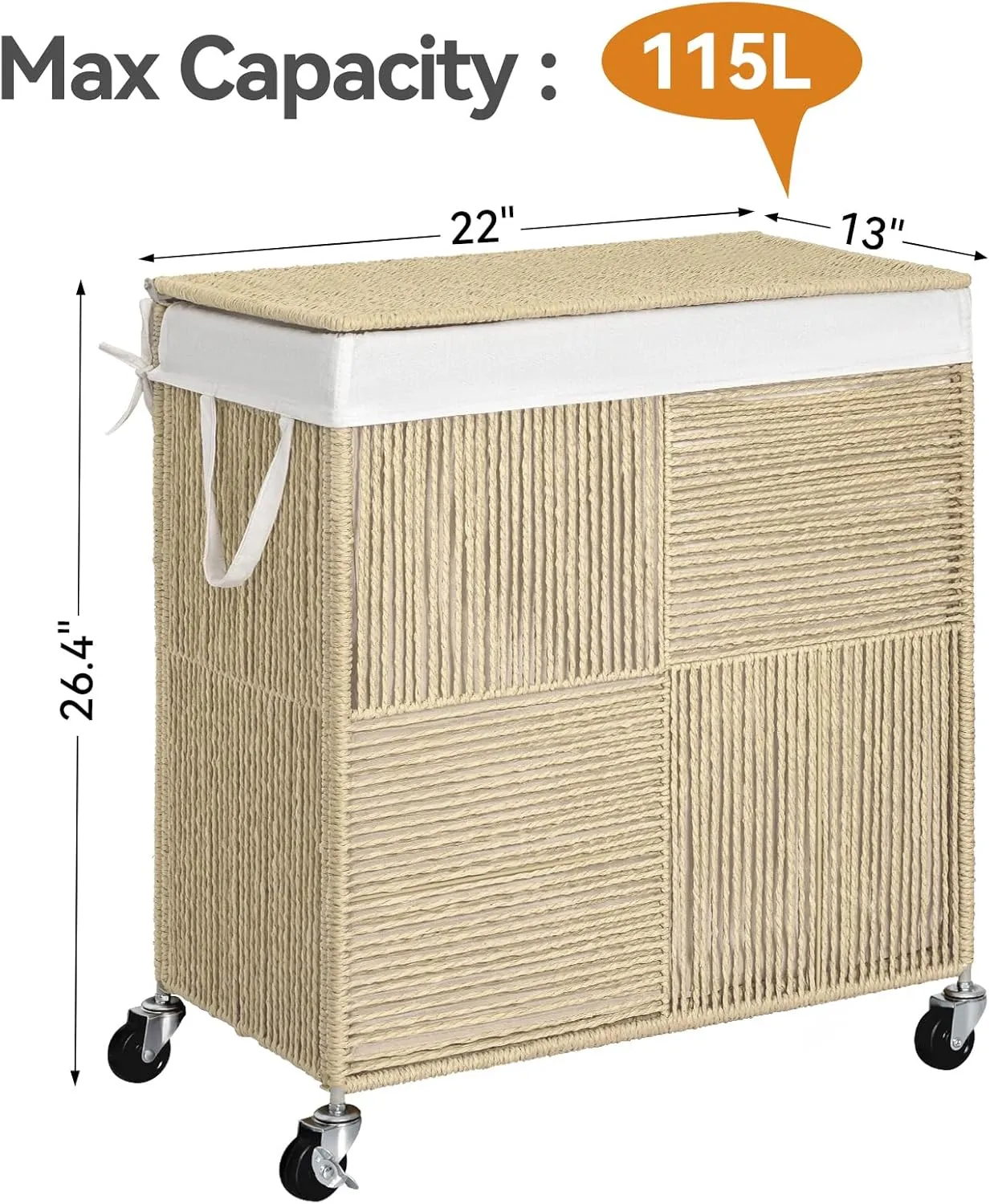 WOWLIVE Double Laundry Hamper with Lid, Handwoven Rolling Laundry Basket with Wheels, 115L Dirty Clothes Hamper with Removable Liner Bag Large Laundry Sorter Laundry Room Organization,Light Beige