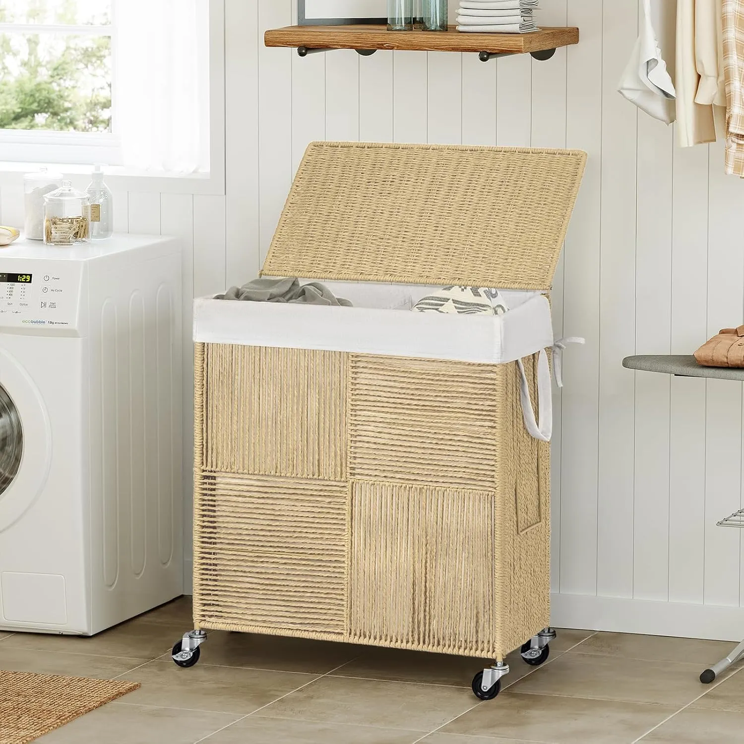 WOWLIVE Double Laundry Hamper with Lid, Handwoven Rolling Laundry Basket with Wheels, 115L Dirty Clothes Hamper with Removable Liner Bag Large Laundry Sorter Laundry Room Organization,Light Beige