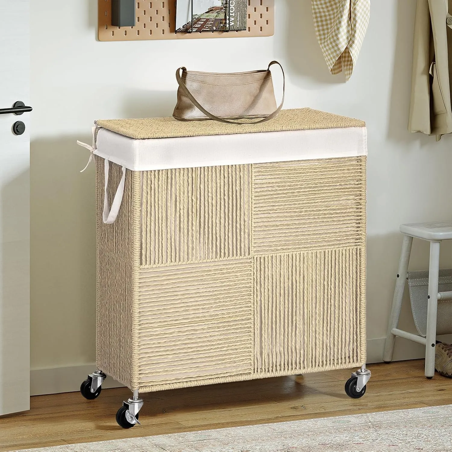 WOWLIVE Double Laundry Hamper with Lid, Handwoven Rolling Laundry Basket with Wheels, 115L Dirty Clothes Hamper with Removable Liner Bag Large Laundry Sorter Laundry Room Organization,Light Beige