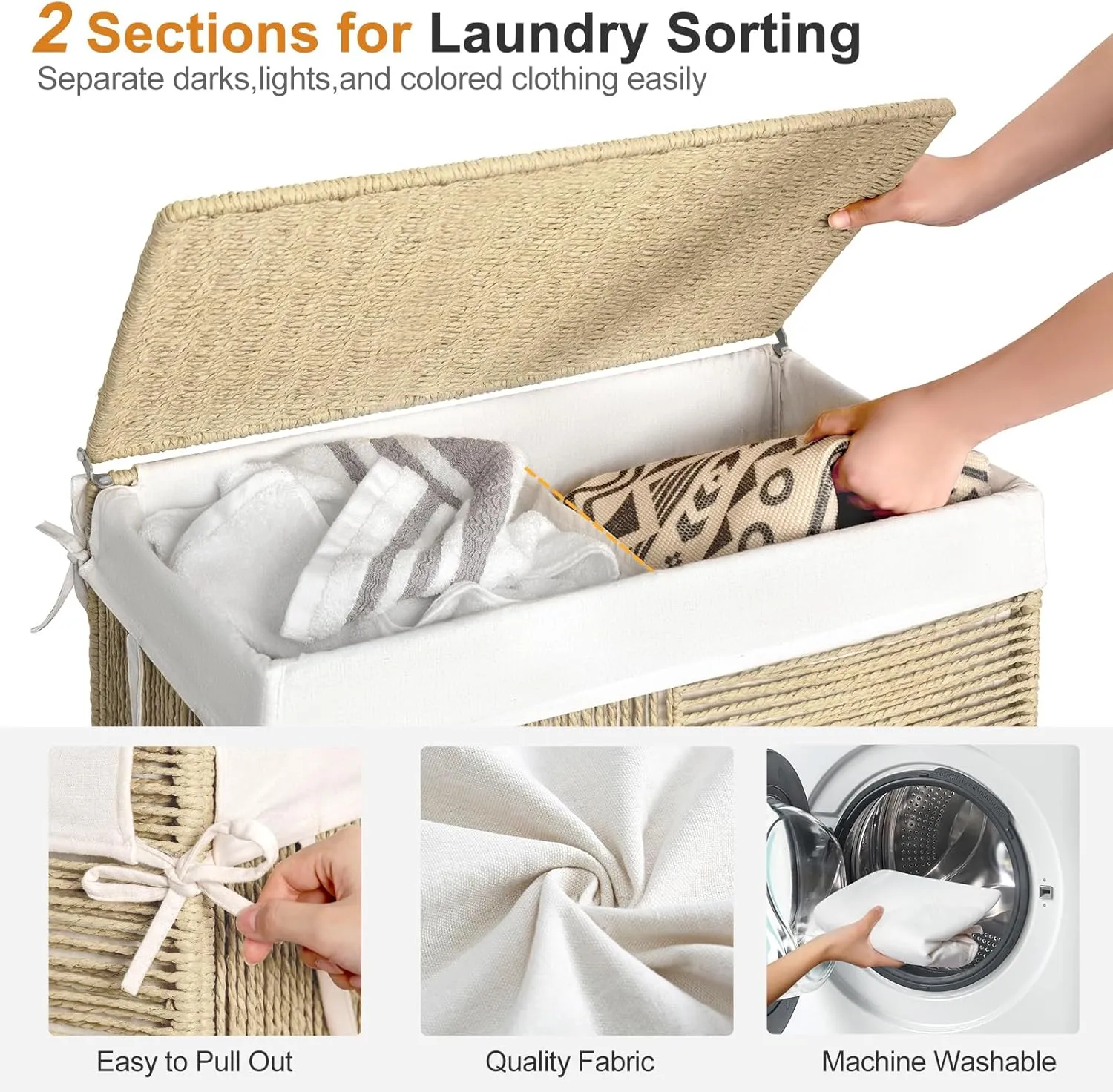 WOWLIVE Double Laundry Hamper with Lid, Handwoven Rolling Laundry Basket with Wheels, 115L Dirty Clothes Hamper with Removable Liner Bag Large Laundry Sorter Laundry Room Organization,Light Beige