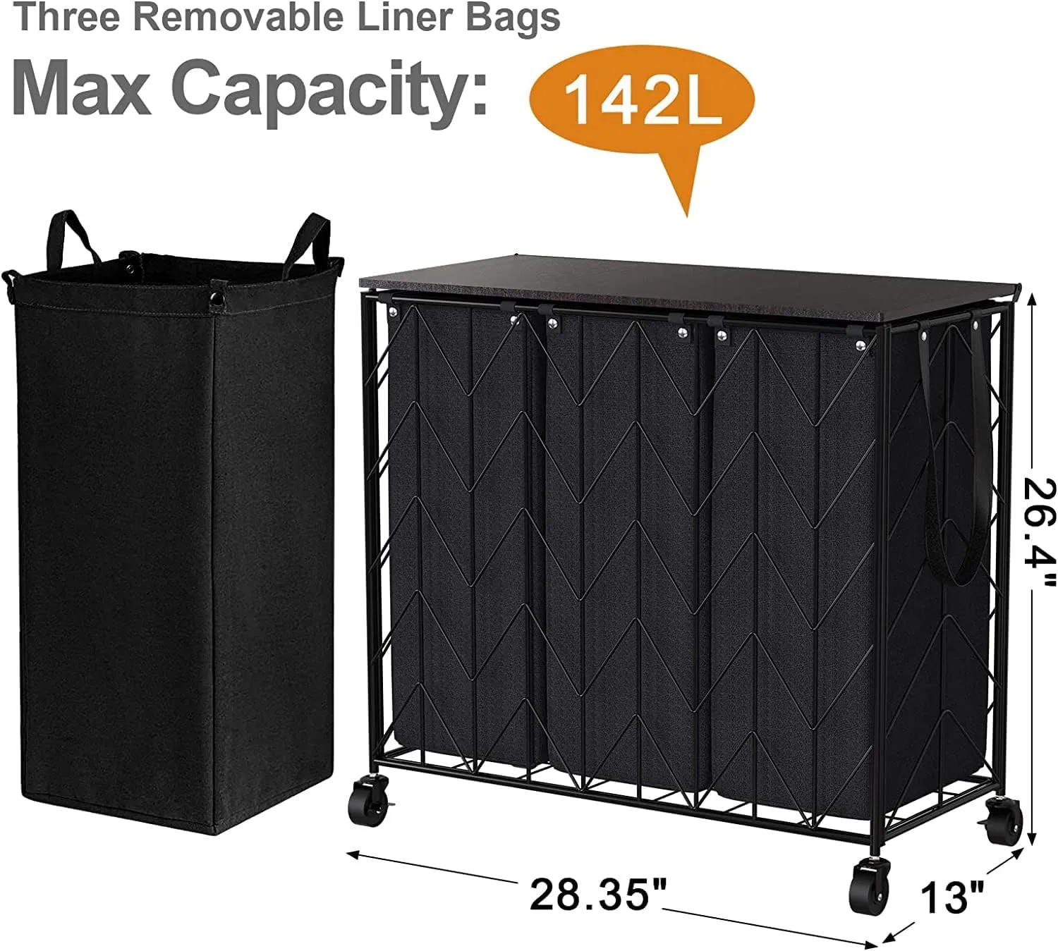 WOWLIVE Laundry Basket with Wheels, 142L Hamper 3 Section with Lid, Dirty Clothes Hamper with Removable Bags, Large Capacity Iron-Made Organizer Laundry Sorter for Dorm, Black