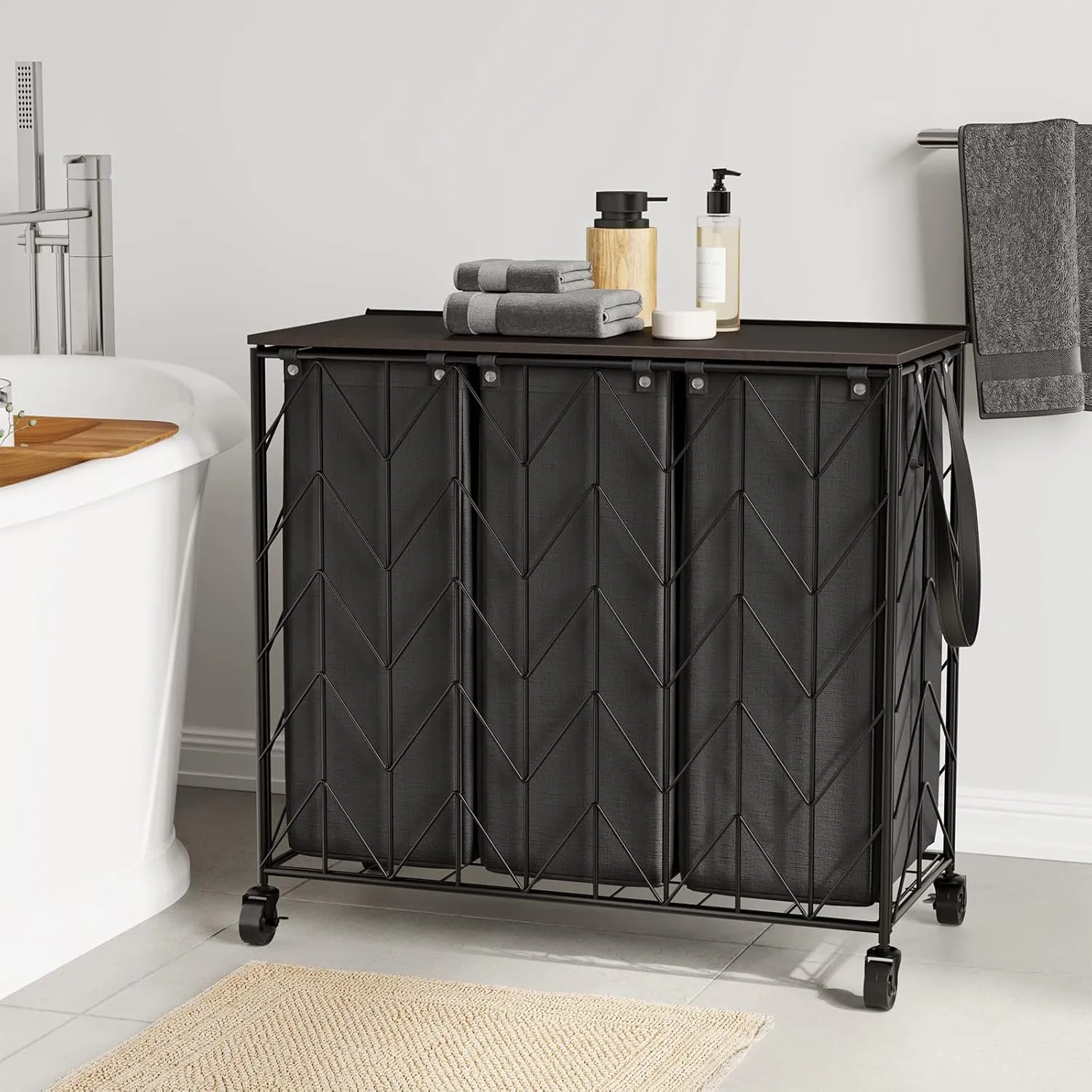 WOWLIVE Laundry Basket with Wheels, 142L Hamper 3 Section with Lid, Dirty Clothes Hamper with Removable Bags, Large Capacity Iron-Made Organizer Laundry Sorter for Dorm, Black