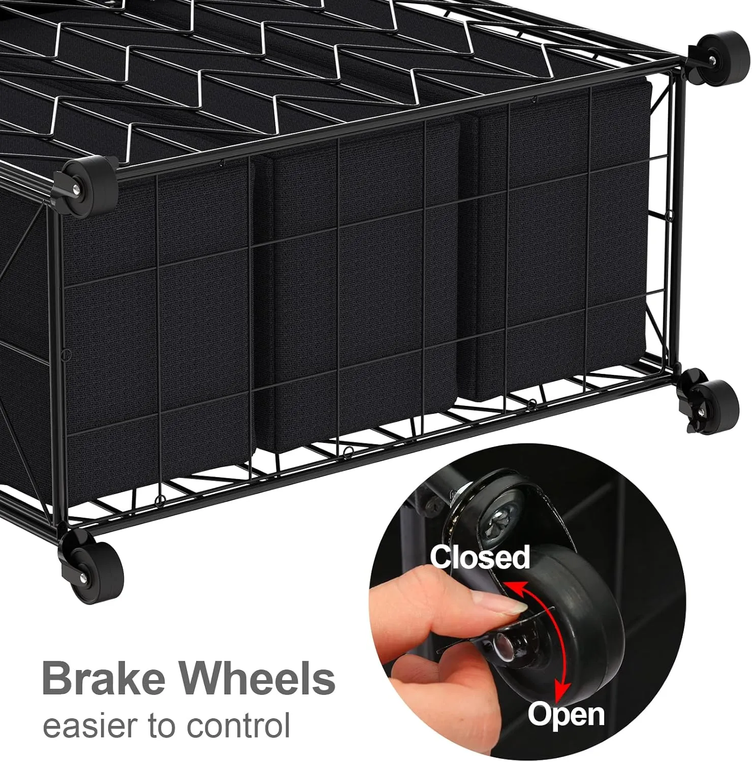 WOWLIVE Laundry Basket with Wheels, 142L Hamper 3 Section with Lid, Dirty Clothes Hamper with Removable Bags, Large Capacity Iron-Made Organizer Laundry Sorter for Dorm, Black