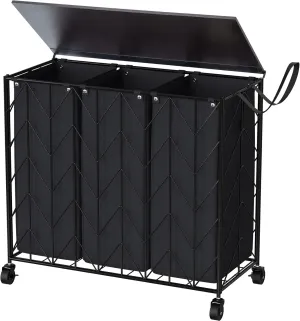 WOWLIVE Laundry Basket with Wheels, 142L Hamper 3 Section with Lid, Dirty Clothes Hamper with Removable Bags, Large Capacity Iron-Made Organizer Laundry Sorter for Dorm, Black