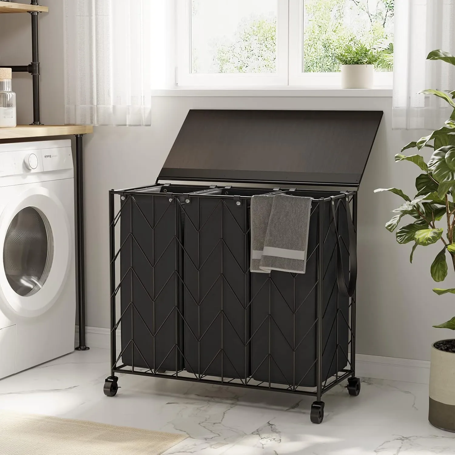 WOWLIVE Laundry Basket with Wheels, 142L Hamper 3 Section with Lid, Dirty Clothes Hamper with Removable Bags, Large Capacity Iron-Made Organizer Laundry Sorter for Dorm, Black