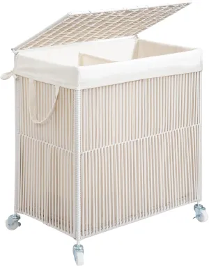 WOWLIVE Laundry Hamper with Wheels, Handwoven Rolling Laundry Basket with Lid, Clothes Hamper with Divided Removable Liner Bag, 115L Large Capacity Laundry Sorter Laundry Room Organization, White