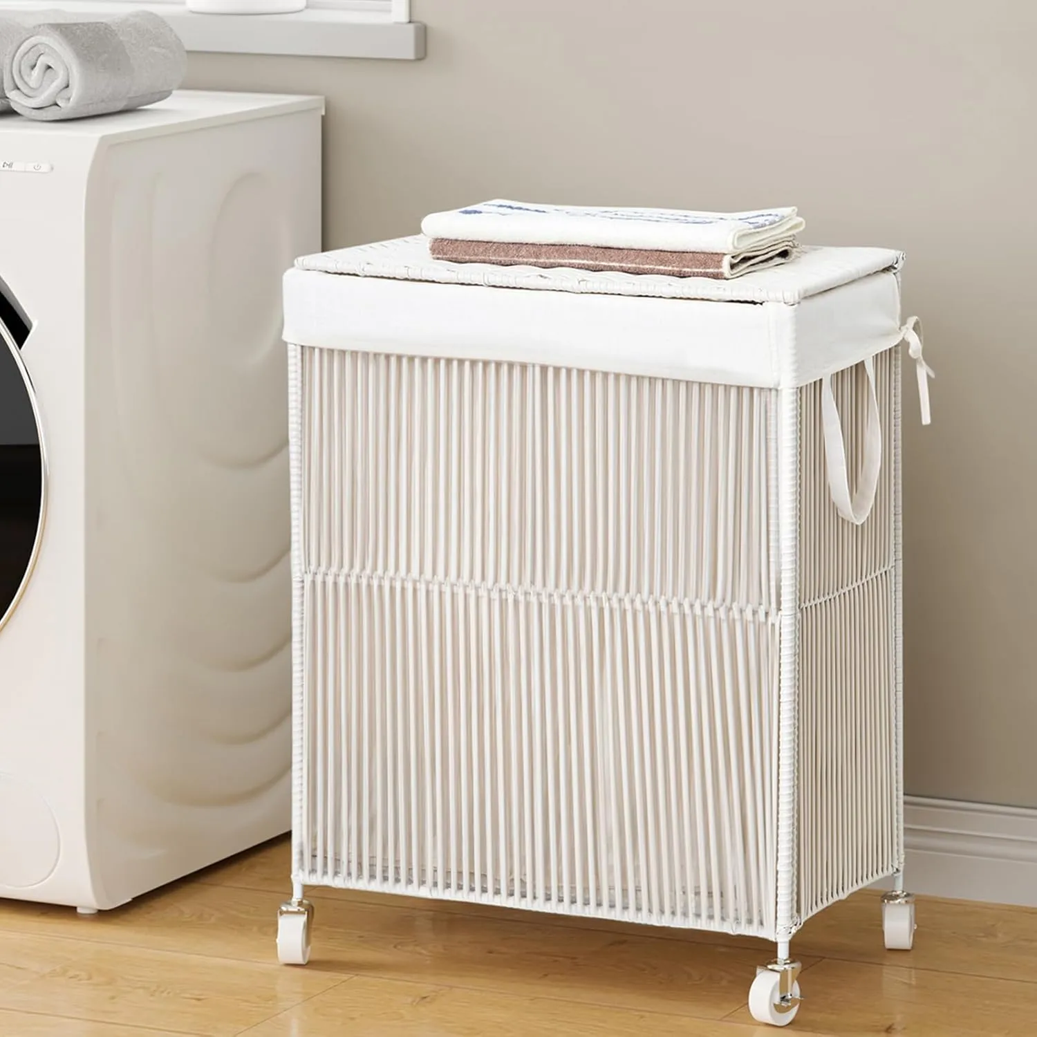 WOWLIVE Laundry Hamper with Wheels, Handwoven Rolling Laundry Basket with Lid, Clothes Hamper with Divided Removable Liner Bag, 115L Large Capacity Laundry Sorter Laundry Room Organization, White