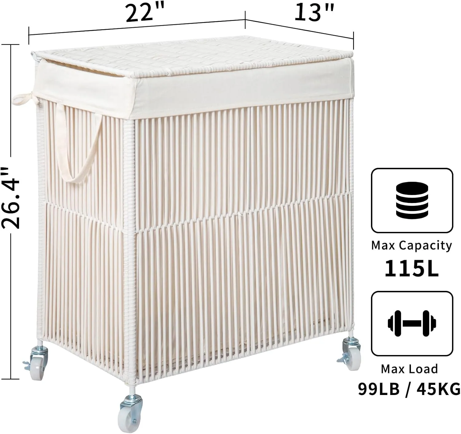 WOWLIVE Laundry Hamper with Wheels, Handwoven Rolling Laundry Basket with Lid, Clothes Hamper with Divided Removable Liner Bag, 115L Large Capacity Laundry Sorter Laundry Room Organization, White