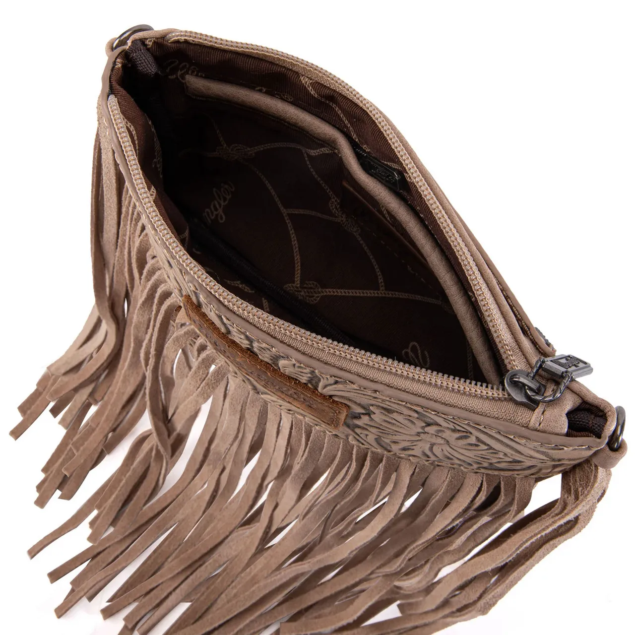 Wrangler Vintage Floral Tooled Collection Fringe Crossbody or Wristlet - Khaki