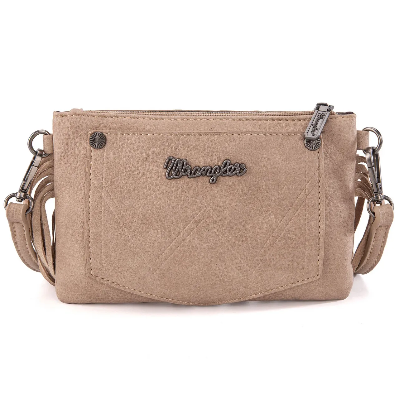 Wrangler Vintage Floral Tooled Collection Fringe Crossbody or Wristlet - Khaki