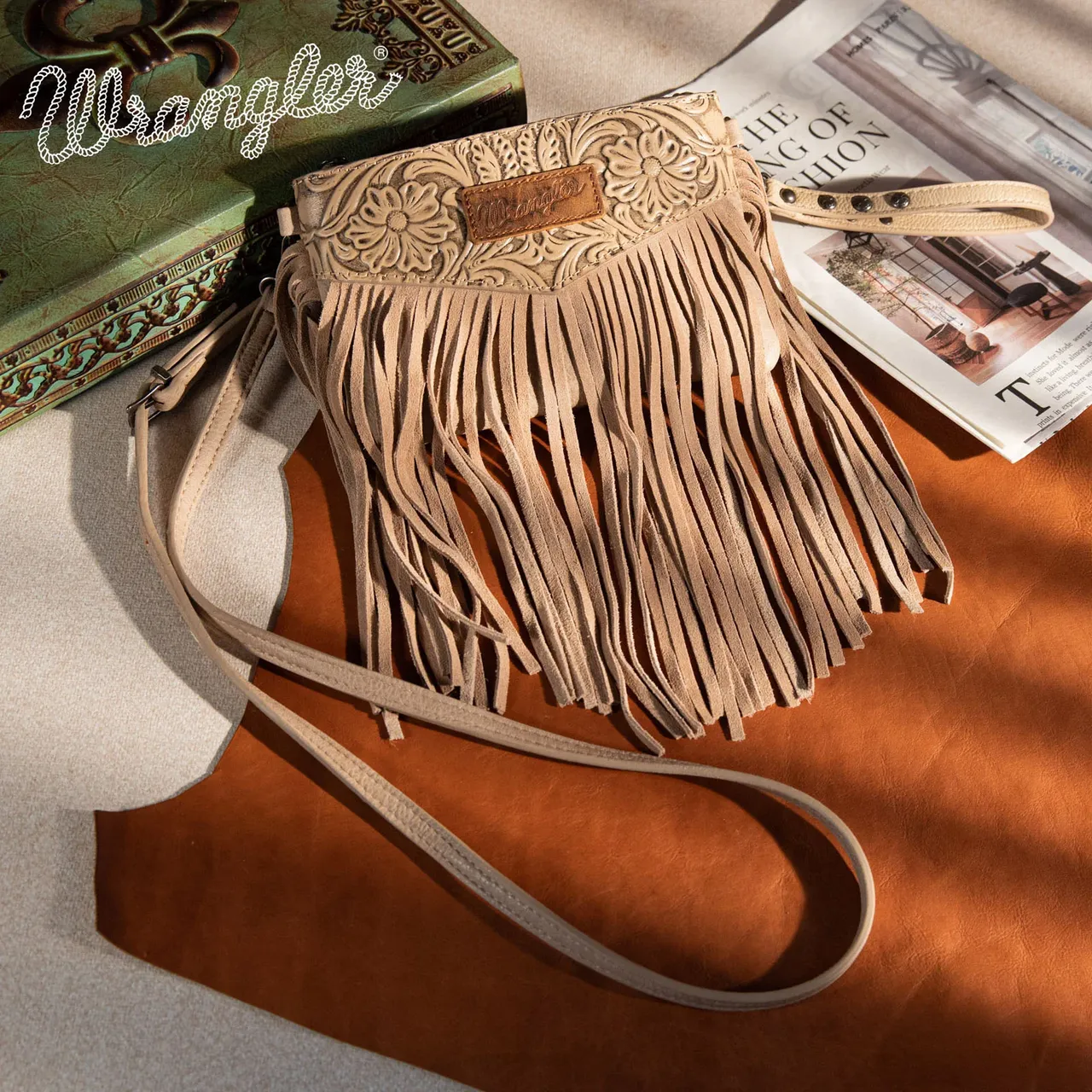 Wrangler Vintage Floral Tooled Collection Fringe Crossbody or Wristlet - Khaki