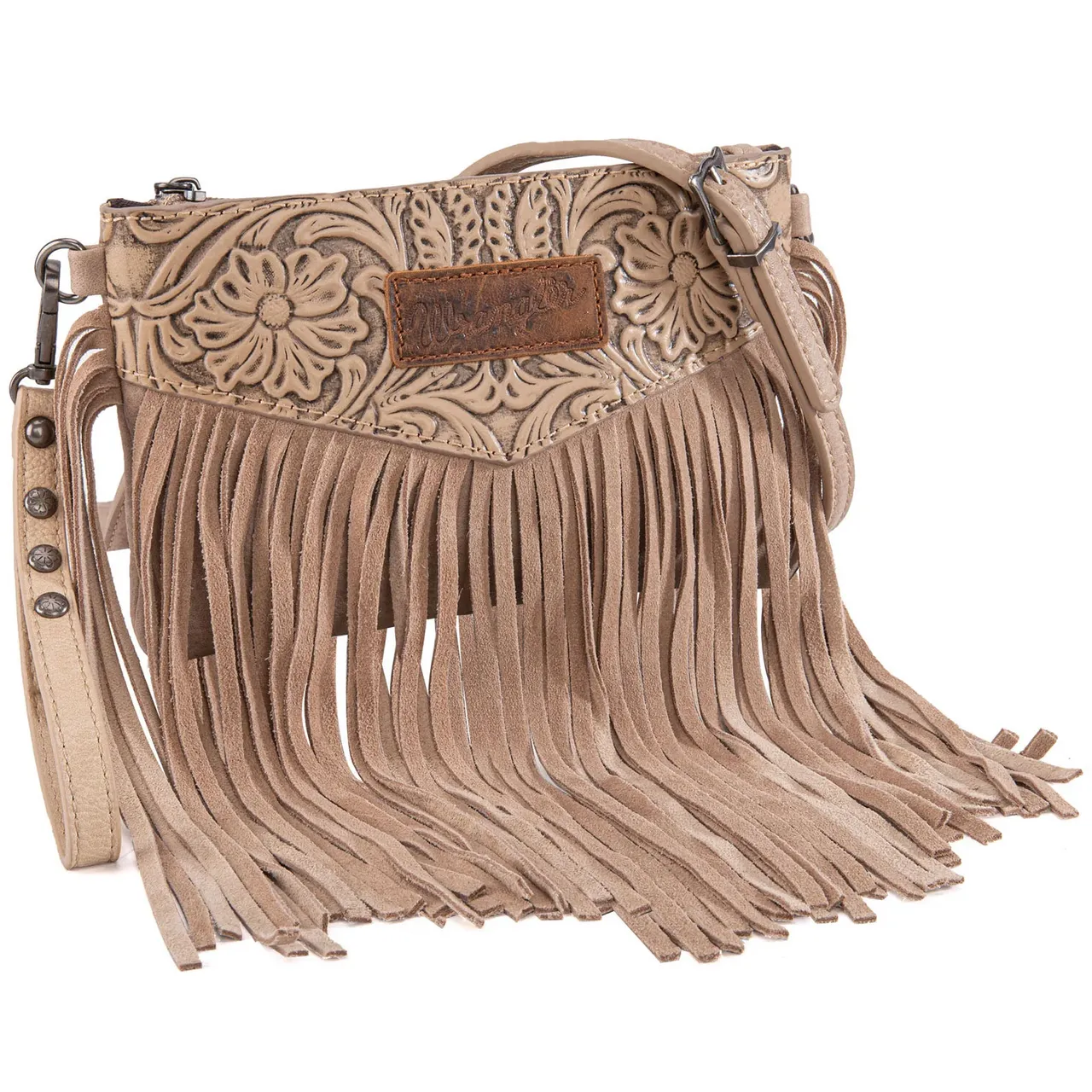 Wrangler Vintage Floral Tooled Collection Fringe Crossbody or Wristlet - Khaki